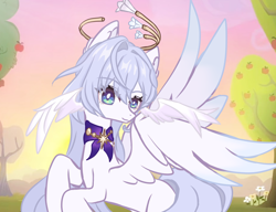 Size: 1680x1291 | Tagged: safe, artist:xiaoshundrew, derpibooru import, pegasus, pony, apple, female, food, honkai: star rail, mare, ponified, robin (honkai: star rail), species swap, sunset, tree