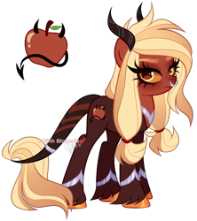 Size: 1286x1446 | Tagged: safe, artist:gihhbloonde, derpibooru import, oc, oc only, demon, demon pony, hybrid, adoptable, colored hooves, colored sclera, female, freckles, golden eyes, hooves, interspecies offspring, jewelry, leonine tail, looking at you, nose piercing, nose ring, offspring, orange sclera, parent:applejack, parent:lord tirek, parents:tirekjack, peytral, piercing, ring, shiny hooves, simple background, solo, tail, tail ring, thick eyelashes, transparent background, unnamed oc, unshorn fetlocks