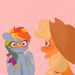 Size: 2480x2480 | Tagged: safe, artist:starburstuwu, derpibooru import, applejack, rainbow dash, earth pony, pegasus, pony, g4, appledash, bust, buttercup, duo, duo female, female, flower, flower in hair, high res, lesbian, mare, open mouth, pink background, shipping, simple background