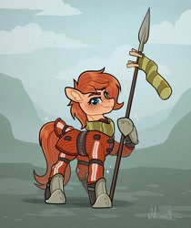 Size: 2425x2888 | Tagged: safe, artist:helmie-art, derpibooru import, oc, oc only, oc:rusty gears, earth pony, pony, armor, clothes, female, mare, scarf, solo, spear, weapon