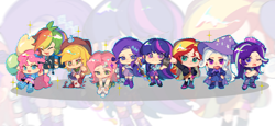 Size: 1680x772 | Tagged: safe, artist:wumingshi61160, derpibooru import, applejack, fluttershy, pinkie pie, rainbow dash, rarity, starlight glimmer, sunset shimmer, trixie, twilight sparkle, human, equestria girls, g4, chibi, human coloration, humane five, humane seven, humane six, light skin