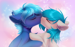 Size: 4096x2560 | Tagged: safe, artist:kebchach, derpibooru import, oc, oc only, oc:marigold earth tulip hosta, oc:sapphire lance, earth pony, pony, cheek fluff, chest fluff, duo, duo male and female, ear fluff, ears, earth pony oc, eyes closed, female, floppy ears, heart, high res, in love, kiss on the lips, kissing, male, mare, oc x oc, shipping, stallion, straight