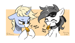 Size: 1500x850 | Tagged: safe, artist:morningbullet, derpibooru import, oc, oc only, oc:noot, oc:nootaz, earth pony, pony, unicorn, blushing, duo, duo female, female, happy, horn, kazoo, musical instrument, smiling, text