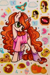 Size: 2609x3866 | Tagged: safe, artist:dariarchangel, derpibooru import, owlowiscious, oc, oc only, oc:dariarchangel, butterfly, hedgehog, pony, unicorn, g4, candy, clothes, cloud, curly hair, curly mane, curly tail, cute, female, female oc, food, freckles, green eyes, heart, horn, long hair, long mane, long tail, looking up, mare, ocbetes, pale skin, ponified, ponysona, pumpkin, redhead, scuff mark, self insert, shirt, shy, shy smile, slender, smiling, socks, solo, species swap, standing, stars, sticker, t-shirt, tail, thin, thin legs, torn ear, traditional art, unicorn oc