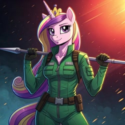 Size: 1024x1024 | Tagged: safe, ai content, derpibooru import, machine learning generated, princess cadance, anthro, g4, badass, clothes, cosplay, costume, crown, female, feminism, g.i. joe, generator:google imagen 3.0, gradient background, javelin, jewelry, jumpsuit, lady jaye, military uniform, prompter:zerowinger, regalia, smiling, solo, spear, uniform, weapon, wingless, wingless anthro