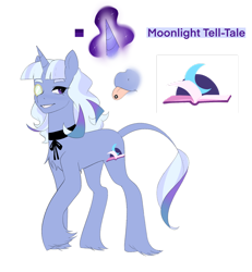 Size: 1280x1384 | Tagged: safe, artist:aztrial, derpibooru import, oc, oc only, oc:moonlight tell-tale, pony, unicorn, bio in description, chest fluff, female, horn, leonine tail, long fetlocks, magic, magic aura, magical lesbian spawn, mare, next generation, offspring, parent:starlight glimmer, parent:trixie, parents:startrix, piercing, purple eyes, raised hoof, raised leg, simple background, tail, tongue piercing, trans female, transgender, unicorn oc, unshorn fetlocks, white background