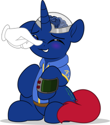 Size: 4425x5000 | Tagged: safe, artist:jhayarr23, derpibooru import, oc, oc only, oc:bit shift, pony, unicorn, fallout equestria, absurd resolution, blue coat, blushing, boop, brain, clothes, eyes closed, hand, horn, jumpsuit, light blue background, organs, pipbuck, red tail, simple background, sitting, smiling, solo, tail, vault suit