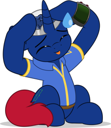 Size: 4362x5000 | Tagged: safe, artist:jhayarr23, derpibooru import, oc, oc only, oc:bit shift, pony, unicorn, fallout equestria, :p, absurd resolution, ah eto bleh, blue coat, boop, brain, clothes, eyes closed, horn, jumpsuit, light blue background, organs, pipbuck, red tail, simple background, sitting, solo, sweat, sweatdrop, tail, tongue, tongue out, vault suit