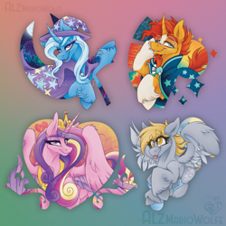 Size: 2700x2700 | Tagged: safe, artist:alzmariowolfe, derpibooru import, derpy hooves, princess cadance, sunburst, trixie, alicorn, pegasus, pony, unicorn, g4, cape, clothes, female, gradient background, hat, horn, male, mare, stallion, trixie's cape, trixie's hat