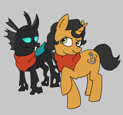 Size: 1440x1342 | Tagged: safe, derpibooru exclusive, derpibooru import, oc, oc only, oc:mouth, oc:swindler, changeling, pony, unicorn, changeling oc, clothes, female, fish hooks, gray background, horn, scarf, siblings, simple background, sisters, unicorn oc