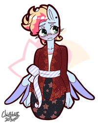 Size: 840x1052 | Tagged: safe, artist:chiefywiffy, derpibooru import, oc, oc only, anthro, pegasus, anthro oc, blushing, clothes, dress, kebaya, male, simple background, solo, stallion, white background, wings