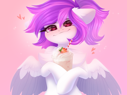 Size: 4096x3065 | Tagged: oc name needed, safe, artist:kebchach, derpibooru import, oc, oc only, pegasus, pony, blushing, chest fluff, drink, female, food, heart, heart eyes, high res, looking at you, mare, milkshake, partially open wings, pegasus oc, smiling, smiling at you, solo, spread wings, strawberry, wingding eyes, wings