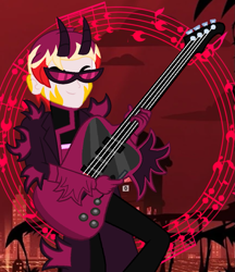 Size: 925x1072 | Tagged: safe, artist:robertsonskywa1, derpibooru import, oc, oc only, oc:starbreaker firewalker, demon, human, equestria girls, g4, rainbow rocks, clothes, crossover, guitar, hazbin hotel, hell, hellaverse, musical instrument, photo, rainbow rocks 10th anniversary, smiling, spikes, sunglasses, trenchcoat