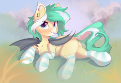 Size: 2900x1992 | Tagged: safe, artist:kebchach, derpibooru import, oc, oc only, oc:icy breeze, bat pony, pony, :p, bat pony oc, bat wings, chest fluff, clothes, ear piercing, earring, fangs, female, grass, high res, jewelry, looking at you, lying down, mare, one wing out, piercing, socks, solo, striped socks, tail, tongue, tongue out, wings