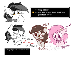 Size: 1620x1264 | Tagged: safe, artist:morningbullet, derpibooru import, oc, oc only, oc:deary dots, oc:kayla, oc:noot, angry, comic, female, filly, flower, flower in hair, foal, music notes, silly, simple background, text, undertale, white background