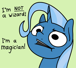 Size: 2048x1815 | Tagged: safe, artist:ewoudcponies, derpibooru import, trixie, pony, unicorn, g4, bust, dialogue, female, green background, horn, mare, simple background, solo, talking to viewer