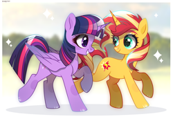 Size: 3859x2650 | Tagged: safe, artist:scarffist, derpibooru import, sunset shimmer, twilight sparkle, twilight sparkle (alicorn), alicorn, pony, unicorn, g4, base used, couple, cute, duo, duo female, female, green eyes, happy, horn, long hair, long mane, long tail, looking at each other, looking at someone, purple eyes, running, shipping, smiling, sparkles, sunsetsparkle, tail, teeth, walking