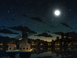 Size: 800x600 | Tagged: safe, artist:rangelost, derpibooru import, city, cityscape, cyoa, cyoa:d20 pony, fillydelphia, full moon, light, moon, night, night sky, no pony, pixel-crisp art, reflection, river, scenery, sky, skyscraper, stars, story included, suggestive description, water, windmill