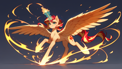 Size: 3840x2176 | Tagged: safe, ai content, derpibooru import, machine learning generated, sunset shimmer, alicorn, pony, g4, concave belly, female, fire, generator:tponynai3, glowing, glowing horn, gradient background, horn, long horn, looking at you, magic, mare, prompter:truekry, reflection, slender, smiling, smiling at you, solo, spread wings, thin, wallpaper, wings