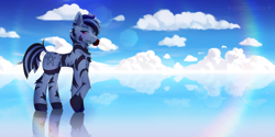 Size: 4800x2400 | Tagged: safe, artist:divori, derpibooru import, oc, oc only, oc:star nova, hybrid, zebra, zony, cloud, cloudscape, detailed background, flower, flower in mouth, lake, looking at you, mouth hold, rainbow, red eyes, reflection, rose, rose in mouth, water