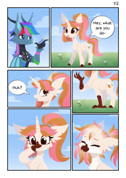 Size: 3999x5656 | Tagged: safe, artist:belka-sempai, derpibooru import, oc, oc only, oc:azure star (fauli1221), oc:belka, draconequus, griffon, pony, unicorn, comic, cute, griffonized, horn, species swap, speech bubble, text, transformation