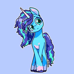 Size: 1818x1818 | Tagged: safe, artist:shiwei90823, derpibooru import, oc, oc only, pony, unicorn, blue background, blue coat, blue mane, front view, full body, horn, looking at you, outline, pink coat, simple background, solo, white outline