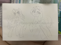 Size: 3000x2249 | Tagged: safe, artist:shiwei90823, derpibooru import, pony, duo, duo female, female, irl, mare, photo, sketch, smiling, traditional art, wip