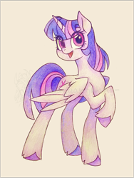 Size: 1536x2048 | Tagged: safe, artist:shiwei90823, derpibooru import, twilight sparkle, twilight sparkle (alicorn), alicorn, pony, g4, colored pencil drawing, female, full body, mare, open mouth, open smile, smiling, solo, traditional art