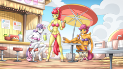 Size: 2560x1440 | Tagged: safe, artist:mysticalpha, derpibooru import, apple bloom, scootaloo, sweetie belle, anthro, earth pony, pegasus, unguligrade anthro, unicorn, g4, apple bloomed, ass, bar, beach, beach umbrella, belly, belly button, bikini, boobaloo, breasts, busty cmc, butt, cleavage, clothes, cutie mark crusaders, drink, drinking, drinking straw, female, grin, hand on hip, horn, older, older apple bloom, older cmc, older scootaloo, older sweetie belle, open mouth, open smile, pink bikini, purple bikini, red bikini, red swimsuit, scootabutt, smiling, stool, sweetie boobs, swimsuit, trio, trio female, underhoof