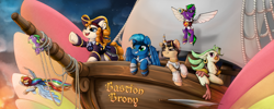 Size: 5000x2000 | Tagged: safe, artist:emmaneiac, derpibooru import, captain celaeno, rainbow dash, spike, oc, g4, banner, hat, pirate, pirate hat