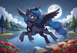 Size: 3648x2496 | Tagged: safe, ai content, derpibooru import, generator:stable diffusion, machine learning generated, princess luna, alicorn, pony, g4, flying, happy, looking at you, moon, nature, night, prompter:kimberlite, rain, solo