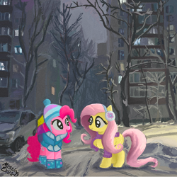 Size: 736x737 | Tagged: safe, artist:missing-elixir, derpibooru import, fluttershy, pinkie pie, earth pony, pegasus, pony, g4, city, clothes, duo, duo female, earmuffs, female, hat, mare, night, puffer vest, redraw, snow, sweater, vest, winter outfit