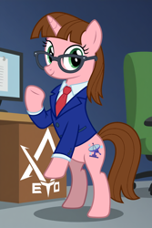 Size: 1024x1536 | Tagged: safe, artist:kyle_bilibili, derpibooru exclusive, derpibooru import, oc, oc only, oc:ye wenjie, pony, unicorn, bipedal, caption, clothes, colored, computer, eto, flat colors, glasses, horn, liu cixin, not twilight sparkle, show accurate, smiling, solo, suit, text, the three-body problem