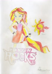 Size: 4953x7005 | Tagged: safe, artist:dounet361, derpibooru import, sunset shimmer, equestria girls, g4, rainbow rocks, absurd resolution, bracelet, cutie mark, drawing, jewelry, logo, pencil drawing, rainbow rocks 10th anniversary, scanned, screencap reference, signature, solo, traditional art