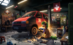 Size: 4386x2738 | Tagged: safe, artist:helmie-art, derpibooru import, princess celestia, oc, oc only, oc:bronycars, pegasus, pony, g4, angle grinder, automobile, burning, car, flag, garage, green mane, green tail, grinding, mechanic, pegasus oc, praise the sun, silver eyes, solo, steampunk, switzerland, tail, van, volkswagen, workshop, yellow coat