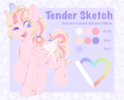 Size: 2327x1876 | Tagged: safe, artist:adostume, derpibooru import, oc, oc only, oc:tender sketch, alicorn, alicorn oc, color palette, cute, cutie mark, glowing, glowing horn, heart, horn, one eye closed, patterned background, raised hoof, raised leg, reference sheet, smiling, wide smile, wings, wink