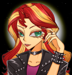 Size: 2084x2175 | Tagged: safe, artist:nimingxiwang168, derpibooru import, sunset shimmer, human, equestria girls, g4, abstract background, bust, clothes, jacket, portrait, solo, spiked wristband, wristband