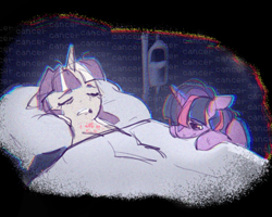 Size: 736x590 | Tagged: safe, artist:emptygoldstudio, derpibooru import, twilight sparkle, twilight velvet, unicorn twilight, pony, unicorn, g4, alternate universe, bed, cancer, duo, duo female, ears, female, floppy ears, horn, hospital bed, mare, mother and child, mother and daughter, parent and child, sad, text