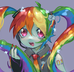 Size: 1240x1211 | Tagged: safe, artist:koasku, derpibooru import, rainbow dash, human, equestria girls, g4, bust, clothes, fusion, hair ornament, hatsune miku, multicolored hair, necktie, open mouth, open smile, rainbow hair, rainbow nail polish, smiling, solo, vocaloid