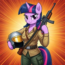 Size: 1024x1024 | Tagged: safe, ai content, derpibooru import, machine learning generated, twilight sparkle, semi-anthro, g4, arm hooves, clothes, cosplay, costume, duke, female, g.i. joe, generator:google imagen 3.0, gradient background, gun, helmet, machine gun, military uniform, prompter:zerowinger, smiling, smirk, solo, uniform, weapon