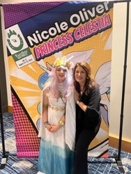 Size: 1536x2048 | Tagged: safe, derpibooru import, princess celestia, human, g4, clothes, cosplay, costume, everfree northwest, everfree northwest 2024, irl, irl human, nicole oliver, photo, voice actor