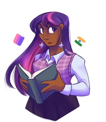 Size: 1300x1500 | Tagged: safe, artist:uunicornicc, derpibooru import, twilight sparkle, human, g4, bisexual pride flag, book, clothes, ear piercing, earring, female, humanized, india, jewelry, moderate dark skin, piercing, pride, pride flag, shirt, simple background, skirt, solo, vest, white background