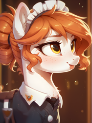 Size: 3552x4736 | Tagged: safe, ai content, derpibooru import, machine learning generated, oc, oc only, oc:victoria orlova, earth pony, pony, clothes, female, freckles, golden eyes, maid, maid headdress, mare, orange hair, prompter:bluetoothworld, prompter:greesys, silly, smiling, solo, tongue, tongue out, uniform