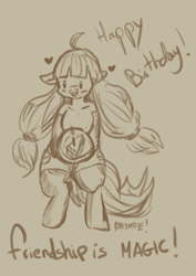 Size: 620x877 | Tagged: safe, artist:anykoe, derpibooru import, oc, oc only, oc:macdolia, earth pony, g4, blushing, cake, clothes, cute, earth pony oc, female, floating heart, food, happy birthday, heart, monochrome, pigtails, signature, sketch, socks, solo, text