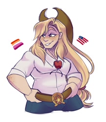 Size: 1300x1500 | Tagged: safe, artist:uunicornicc, derpibooru import, applejack, human, g4, applejack's hat, belt, clothes, cowboy hat, denim, female, freckles, grin, hat, humanized, jeans, lesbian pride flag, muscles, pants, pride, pride flag, shirt, simple background, smiling, solo, white background