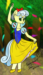 Size: 861x1500 | Tagged: safe, artist:sepiakeys, derpibooru import, nurse coldheart, nurse snowheart, anthro, unguligrade anthro, g4, clothes, cosplay, costume, crepuscular rays, dress, forest, nature, snow white, solo, tree