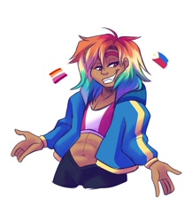 Size: 1300x1500 | Tagged: safe, artist:uunicornicc, derpibooru import, rainbow dash, human, g4, abs, alternate hairstyle, belly, belly button, clothes, female, filipino, hoodie, humanized, lesbian pride flag, midriff, pants, philippines, pride, pride flag, simple background, solo, sports bra, sweatpants, tan skin, white background