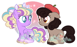 Size: 1280x782 | Tagged: safe, artist:hopenotfound, derpibooru import, oc, oc only, earth pony, pegasus, pony, beret, duo, female, filly, foal, hat, magical lesbian spawn, offspring, parent:applejack, parent:octavia melody, parent:pinkie pie, parent:rainbow dash, parents:appletavia, parents:pinkiedash, simple background, transparent background