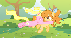 Size: 2869x1543 | Tagged: safe, artist:darbypop1, derpibooru import, oc, oc only, oc:honey wa, oc:joy petal, earth pony, pony, bow, duo, duo female, female, flower, glomp, hair bow, mare, tree