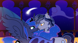 Size: 1280x706 | Tagged: safe, artist:velveagicsentryyt, derpibooru import, princess luna, oc, oc:starlit luminary, pony, g4, canon x oc, female, male, shipping, shooting star, straight